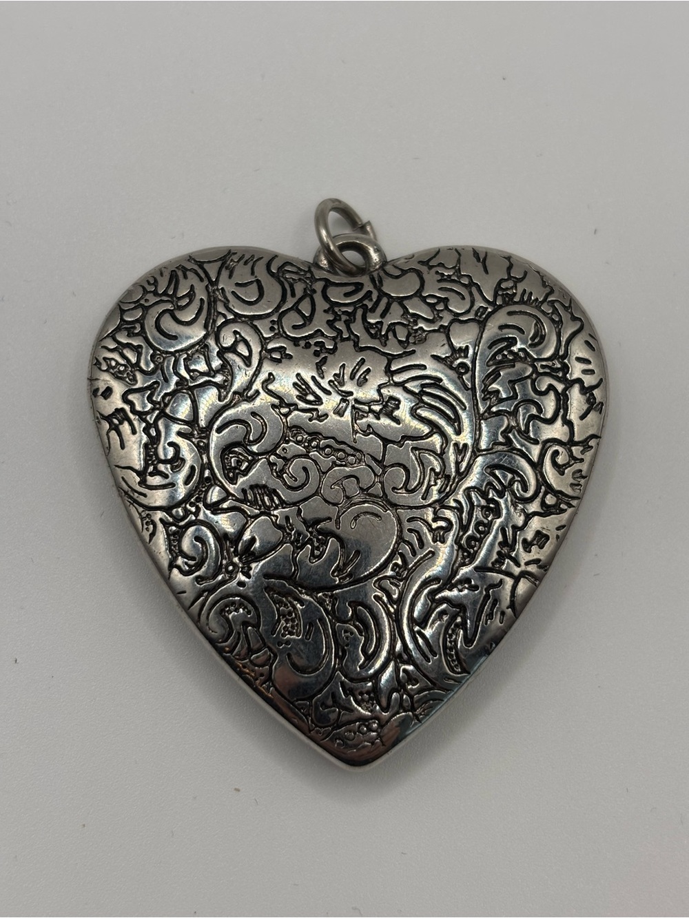 Ornate Heart Pendant in Silver-Tone - Elegant Floral Engraving